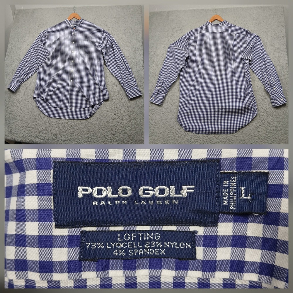 Polo Golf Ralph Lauren Button Down Shirt Men's L Blue White Gingham Stretch